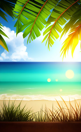 Tropical beach background with palm leaves and sun. Vector illustration.の素材