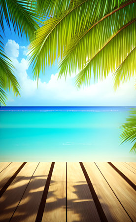 tropical beach with coconut palm leaves and wooden floor. summer backgroundの素材