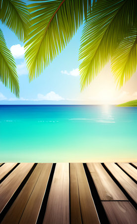 Tropical beach with palm leaves and wooden deck. Summer backgroundの素材