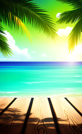 Tropical beach background with wooden floor. EPS10 vector.の素材