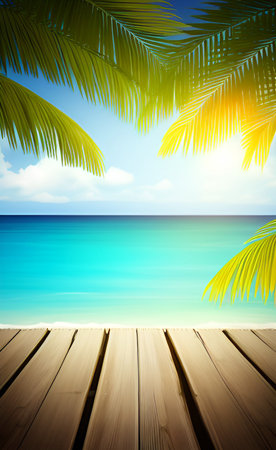 tropical beach with palm leaves and wooden floor. Summer vacation backgroundの素材