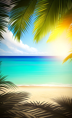 Tropical beach with palm leaves and blue sky. Summer vacation backgroundの素材