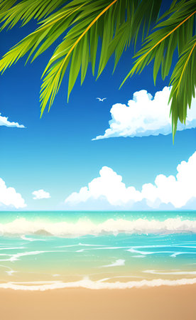 Beach background with palm leaves and blue sky. Vector illustration.の素材