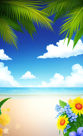Summer beach background with blue sky and sunflowers. Vector illustration.の素材