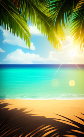 Tropical beach with palm leaves and sunbeams. Vector illustration.の素材