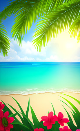 Tropical beach with palm leaves and flowers. Vector illustration.の素材