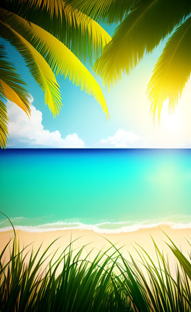 Tropical beach background with palm leaves and sea. Vector illustration.の素材