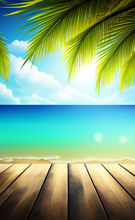 Summer beach background with wooden floor and palm leaves. Vector illustration.の素材