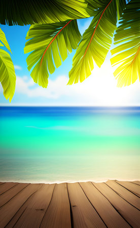 Tropical beach background with palm leaves and wooden floor. Copy spaceの素材