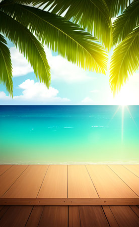 Wooden deck on the beach with palm leaves. Summer background.の素材