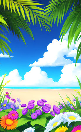 Summer background with flowers and palm leaves. EPS10 vector file includedの素材