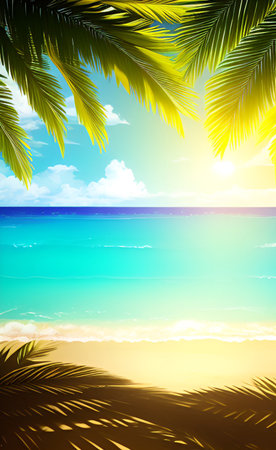 Tropical beach with palm leaves and sunset. Vector illustration.の素材