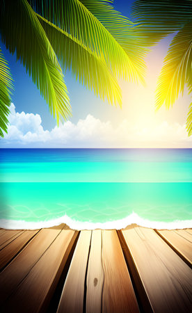 Tropical beach with palm leaves and wooden pier. Vector illustrationの素材