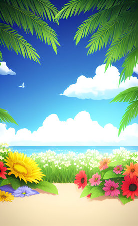 Summer landscape with flowers and palm leaves. Vector illustration. Eps 10の素材