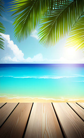 Summer background with tropical beach and palm leaves. EPS10 vector.の素材