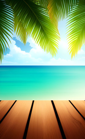 Wooden deck on the beach with palm leaves. Vector illustration.の素材