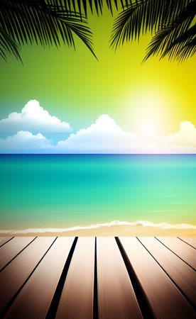 tropical beach background with wooden floor and palm leaf. Vector illustrationの素材