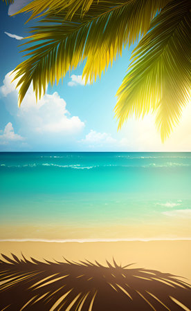 Tropical beach with palm leaves and blue sky. Vector illustration.の素材