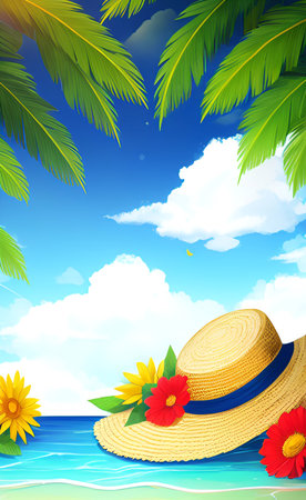 Illustration summer background with sunflower, hat and palm leaves.の素材