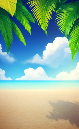 Tropical beach with palm leaves and blue sky. Vector illustration.の素材