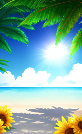 Palm leaves and sunflower on the beach. Vector illustration.の素材