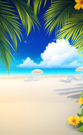 Tropical beach with palm leaves and sunbeds. Vector illustration.の素材