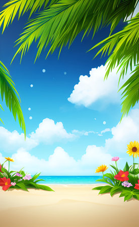 Summer background with palm leaves and flowers on the beach. Vector illustration.の素材
