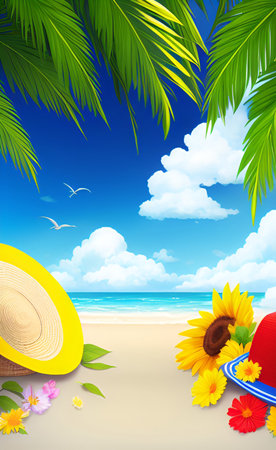 Beach background with hat and sunflowers. Vector illustration.の素材