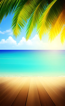 Tropical beach with palm leaves and wooden floor. Summer backgroundの素材