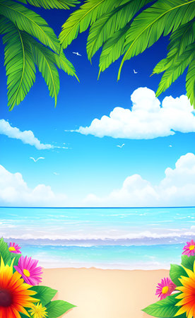 Summer beach background with palm leaves and flowers. EPS10 vector.の素材