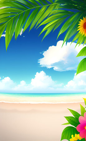 Tropical beach with sunflowers and palm leaves. Vector illustration.の素材
