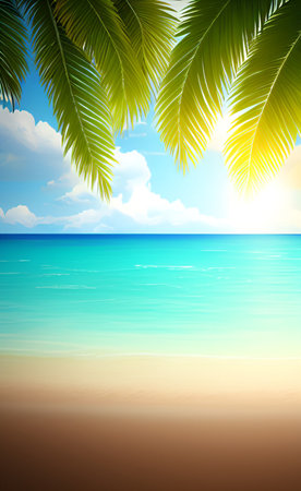 Tropical beach with palm leaves and sun. Vector illustration.の素材