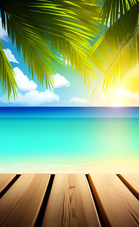 Tropical beach background with palm leaves and wooden floor. Vector illustration.の素材