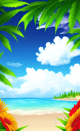 Summer beach background with sunflowers and palm leaves. Vector illustration.の素材