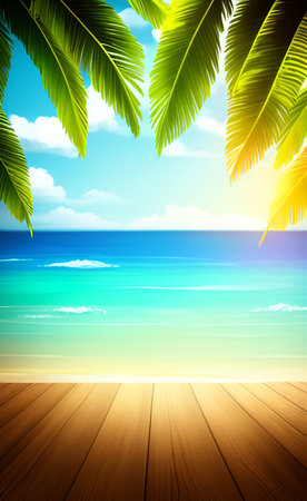Tropical beach with palm leaves and wooden floor. Vector illustration.の素材