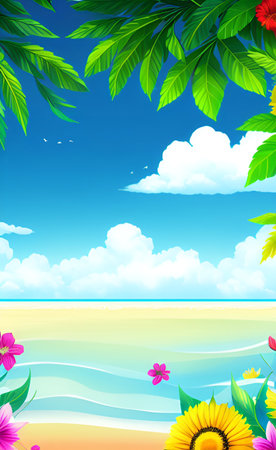 Summer background with sunflowers and palm leaves. Vector illustration.の素材