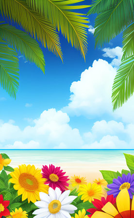 Summer background with tropical flowers and palm leaves. EPS 10 vector file includedの素材