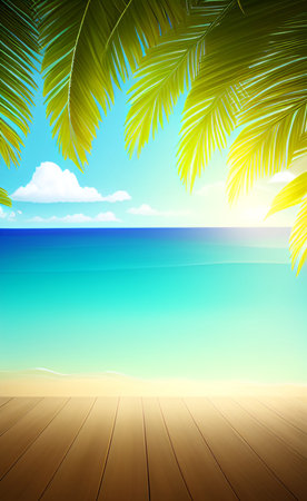 tropical beach with coconut palm leaves and wooden deck, vector illustrationの素材