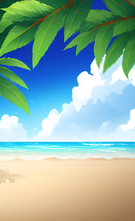 Tropical beach with palm leaves and blue sky. Vector illustration.の素材