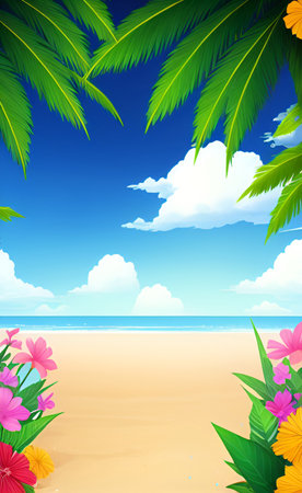 Beach background with palm leaves and flowers. Vector illustration. Eps 10.の素材