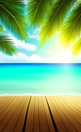 Wooden terrace on tropical beach with palm leaves. Vector illustration.の素材