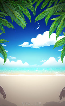 Tropical beach with palm trees and crescent moon. Vector illustration.の素材