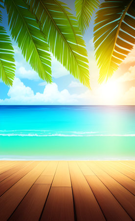Tropical beach with palm leaves and wooden floor. Vector illustrationの素材