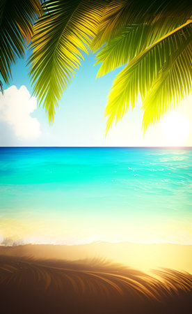 Tropical beach with palm leaves. Seascape background.の素材