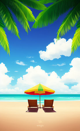 Beach with sunbeds and palm trees, vector illustration.の素材