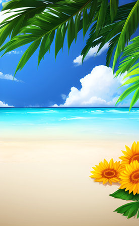 Illustration of a tropical beach with sunflowers and palm leavesの素材