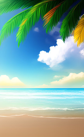 Tropical beach with palm leaves and blue sky. Vector illustration.の素材