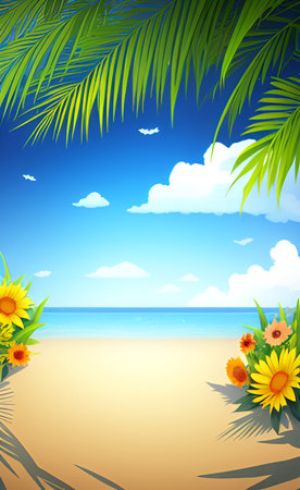 Tropical beach with sunflowers and palm leaves, vector illustrationの素材
