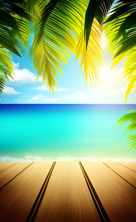 Tropical beach with wooden floor and palm leaves. Summer backgroundの素材