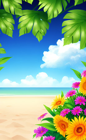 Illustration of a tropical beach with flowers and leaves on a sunny dayの素材